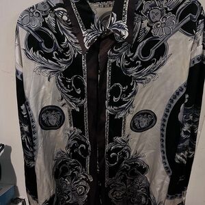 Beautiful Metallic Silk 100% Silk Black and White Baroque Dress Shirt